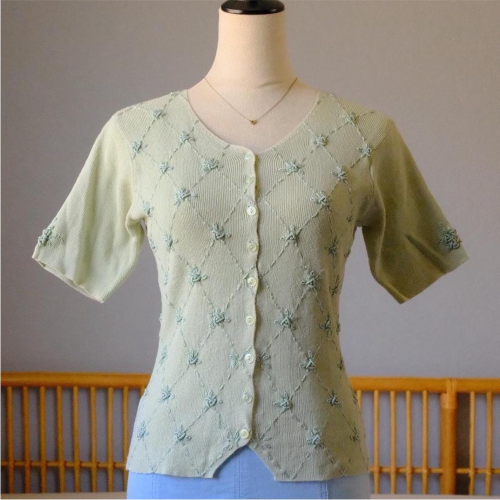 Vintage Sage Green Embroidered Knit Cardigan